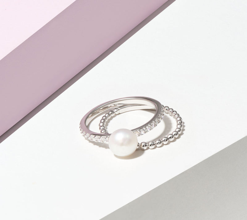 Diamonique Cultured Pearl Stackable Ring Set, Sterling Silver — View 7