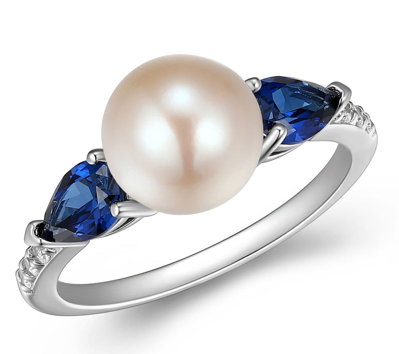 Diamonique Cultured Pearl & Created Sapphire Ring, Sterling — View 6