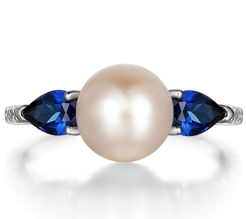 Diamonique Cultured Pearl & Created Sapphire Ring, Sterling — View 3