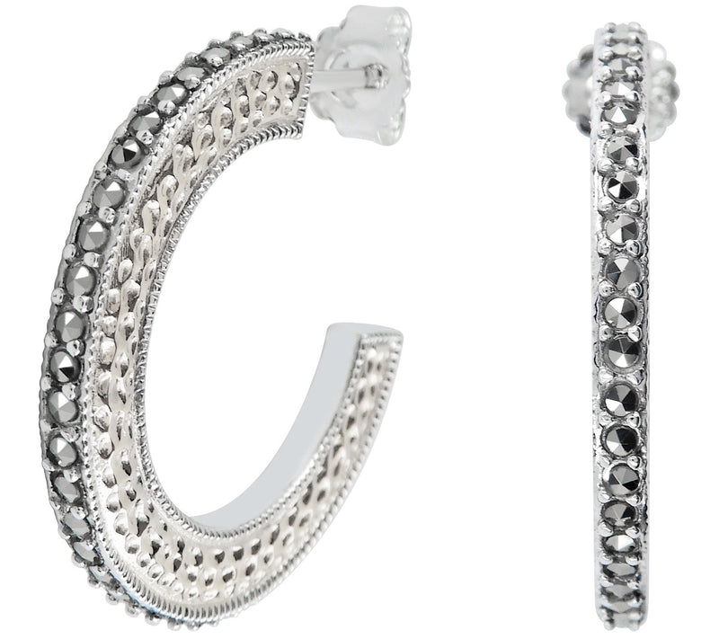 Suspicion Sterling Silver Marcasite Textured Hoop Earrings — View 4
