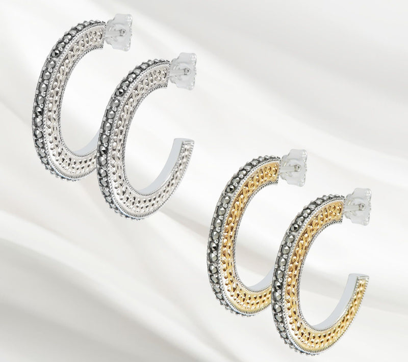 Suspicion Sterling Silver Marcasite Textured Hoop Earrings — View 5
