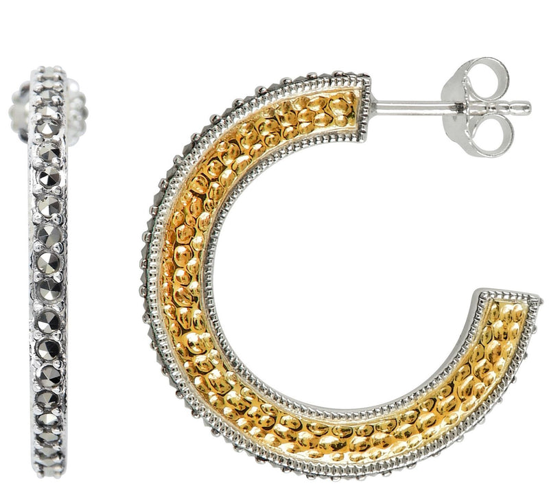 Suspicion Sterling Silver Marcasite Textured Hoop Earrings — View 8