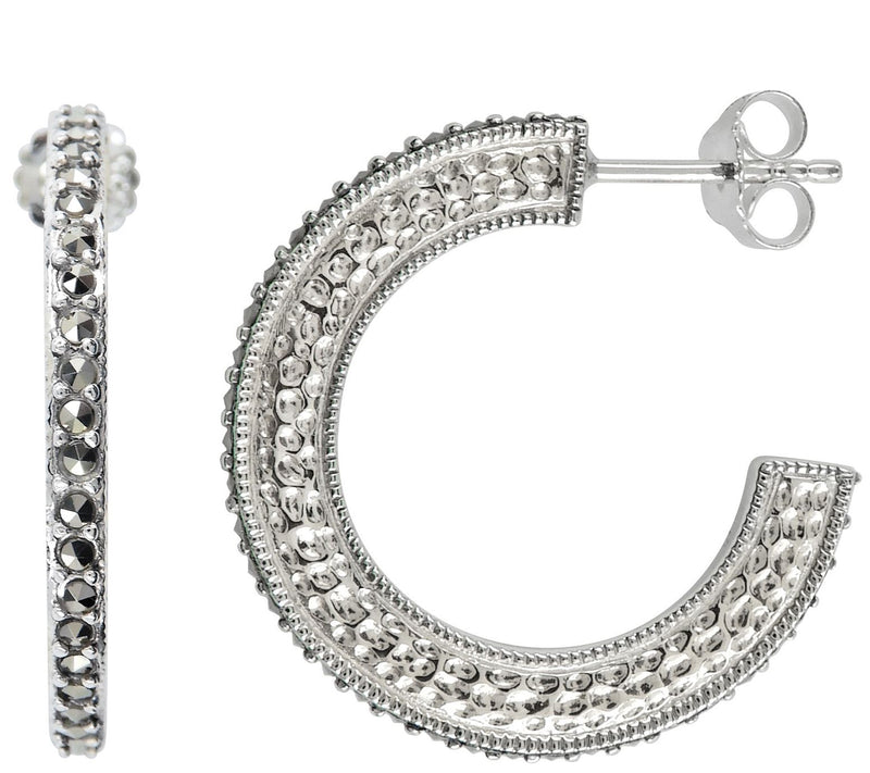Suspicion Sterling Silver Marcasite Textured Hoop Earrings — View 3