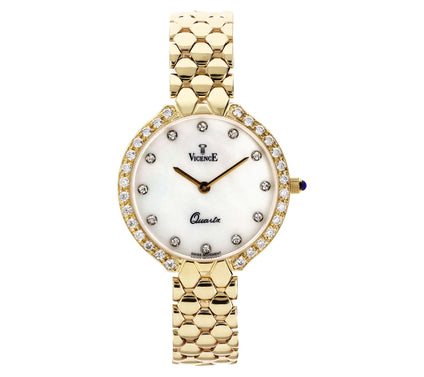 Vicence Round Case Panther Link 14K Gold Watch
