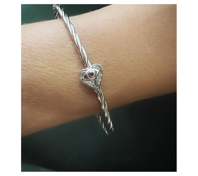 Goddaughters Sterling Silver Angel Eyes Ruby Heart Bangle — View 4