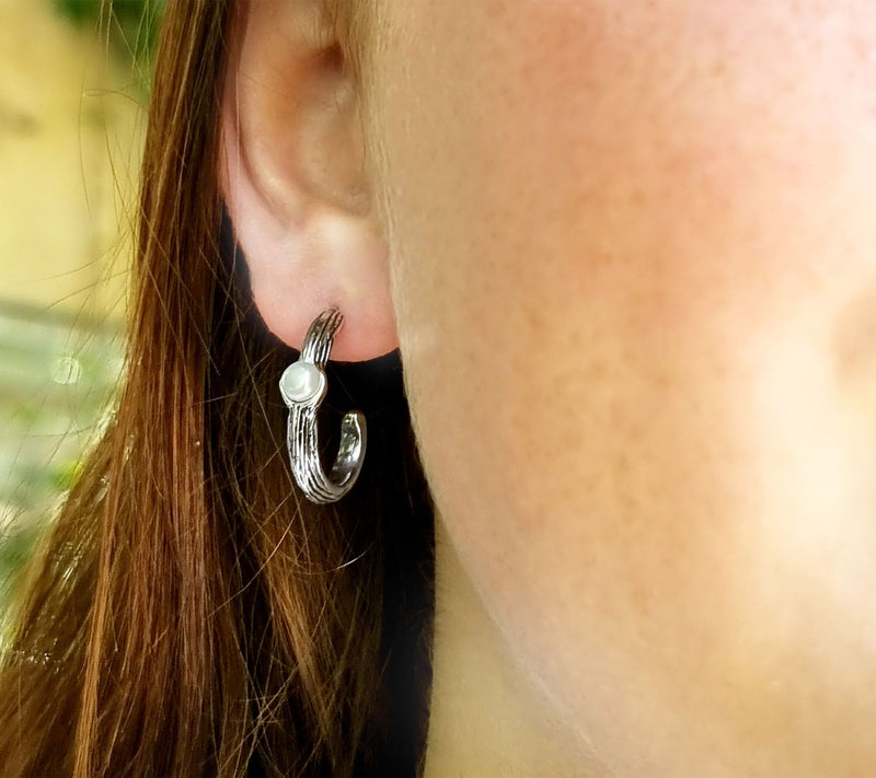 Hagit Sterling Silver Cultured Pearl Textured H oop Earrings — View 11