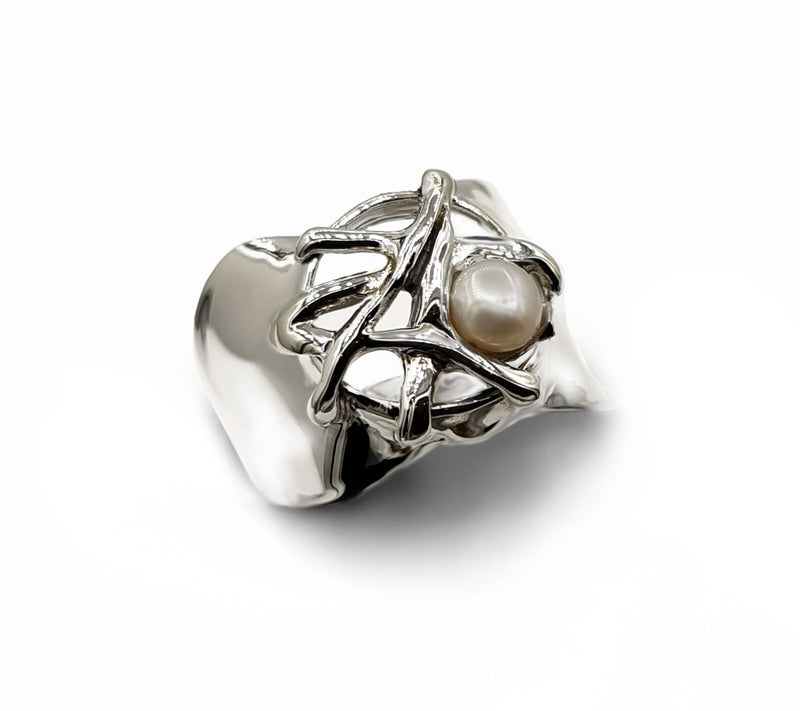 Hagit Sterling Silver Cultured Pearl Woven Ring — View 3