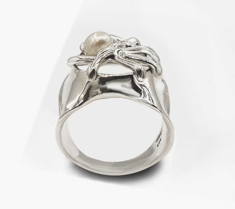 Hagit Sterling Silver Cultured Pearl Woven Ring — View 4