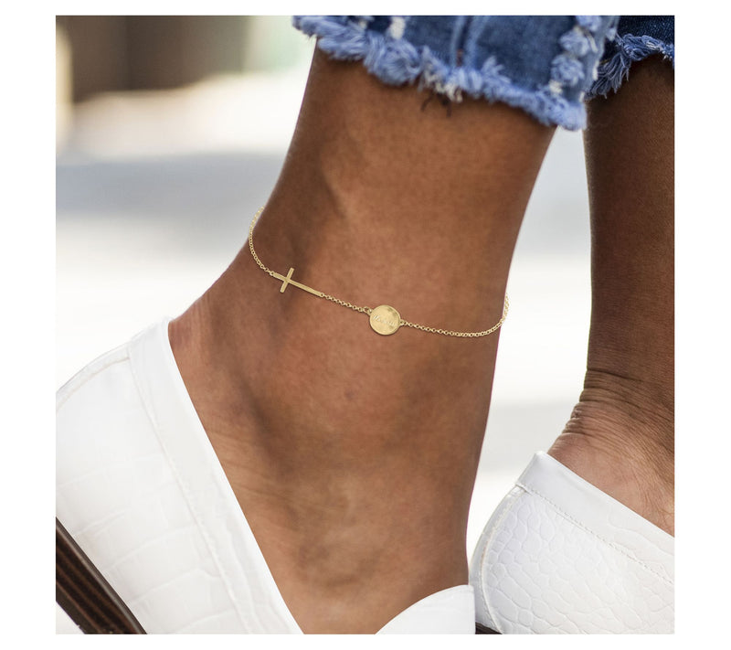 Personalized Engraved Graceful Disc w/ Cross Ankle Bracelet — View 4