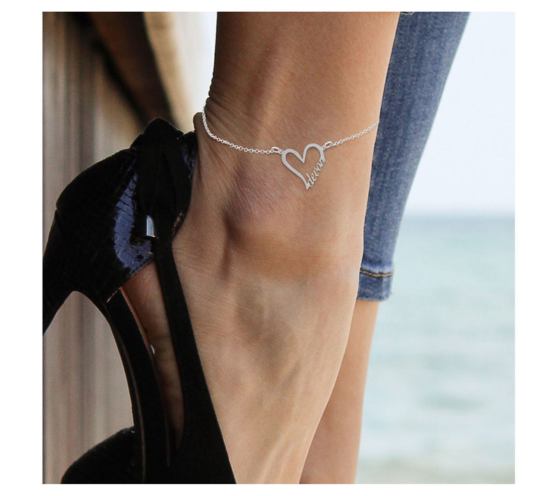 Personalized Sterling Silver Heart w/ Name Ankle Bracelet — View 4