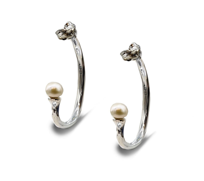 Hagit Sterling Silver Cultured Pearl Hammered Hoop Earrings — View 10