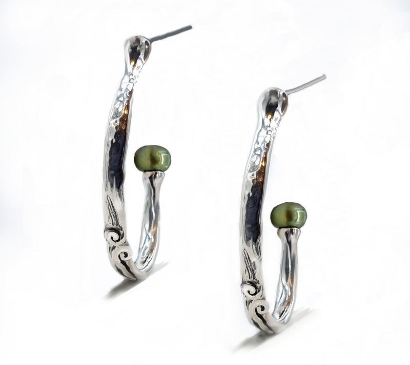 Hagit Sterling Silver Cultured Pearl Hammered Hoop Earrings — View 14