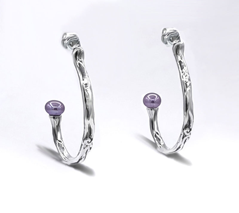 Hagit Sterling Silver Cultured Pearl Hammered Hoop Earrings — View 15