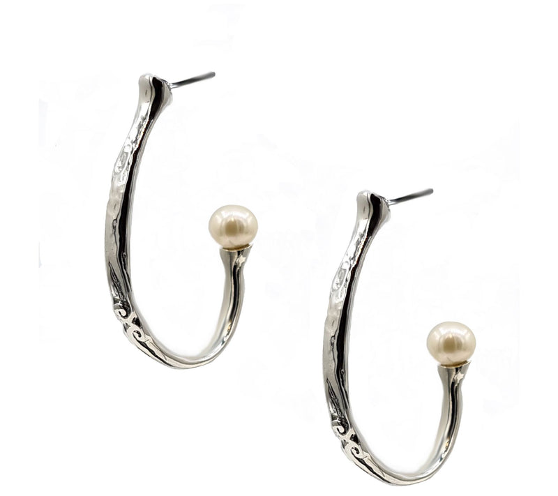 Hagit Sterling Silver Cultured Pearl Hammered Hoop Earrings — View 7