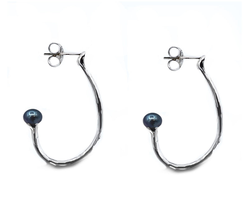 Hagit Sterling Silver Cultured Pearl Hammered Hoop Earrings — View 4