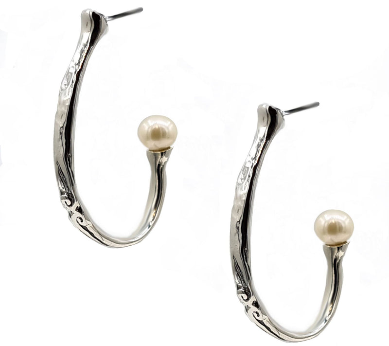 Hagit Sterling Silver Cultured Pearl Hammered Hoop Earrings — View 8