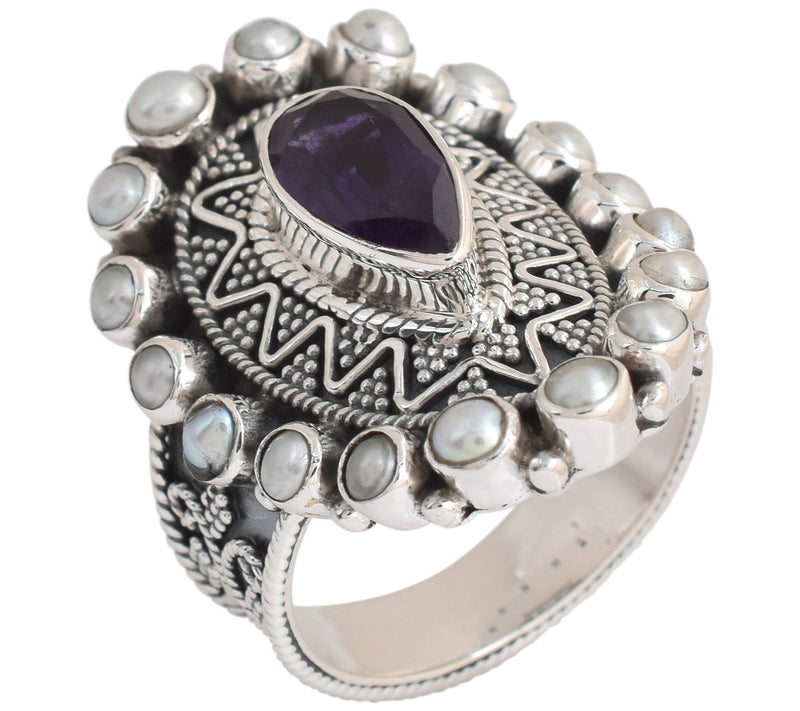 Artisan Crafted Sterling Silver Amethyst & Cultured Pearl Ring — Main view