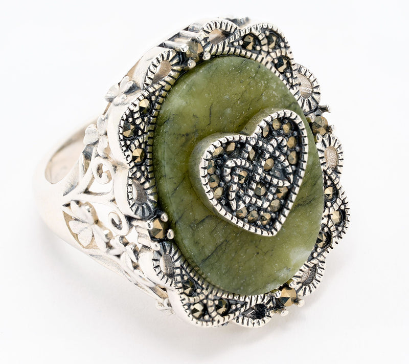 Connemara Marble Sterling Silver Ring w/ Marcasite Accents — Main view
