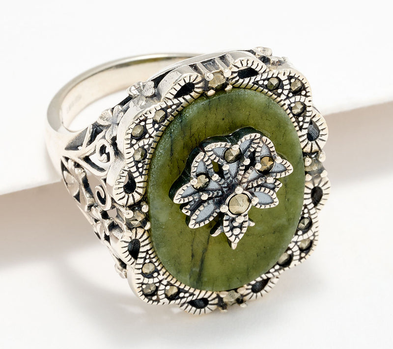 Connemara Marble Sterling Silver Ring w/ Marcasite Accents — View 3