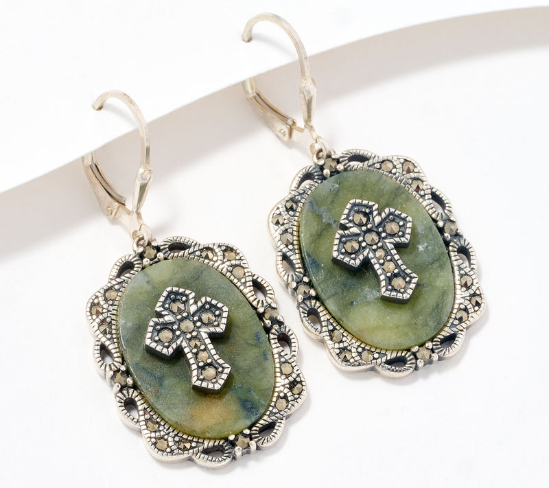 Connemara Marble Sterling Silver Earrings with Marcasite Accents — View 2