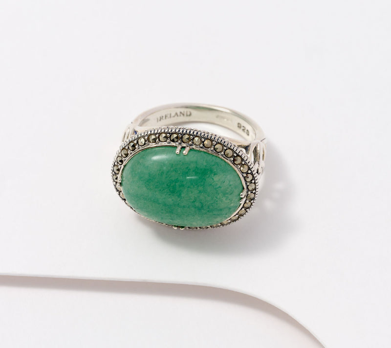 Solvar Sterling Silver Green Aventurine and Marcasite Ring — View 2