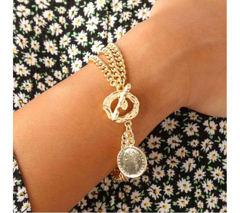 Bronzo Italia Triple Strand Curb Link Bracelet with Lira Charm — View 3