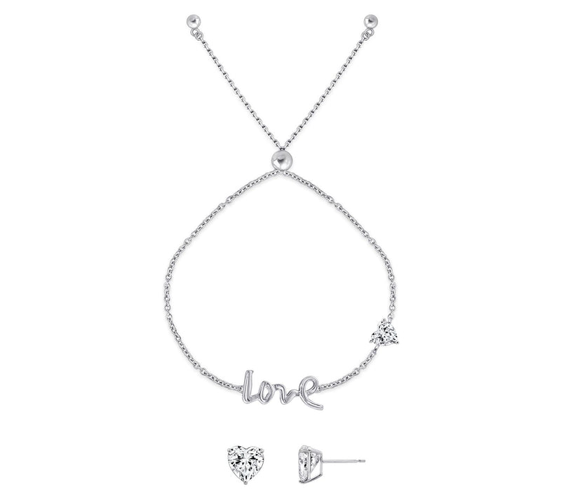 Diamonique Love Bracelet & Stud Earrings Set, Sterling Silver — Main view