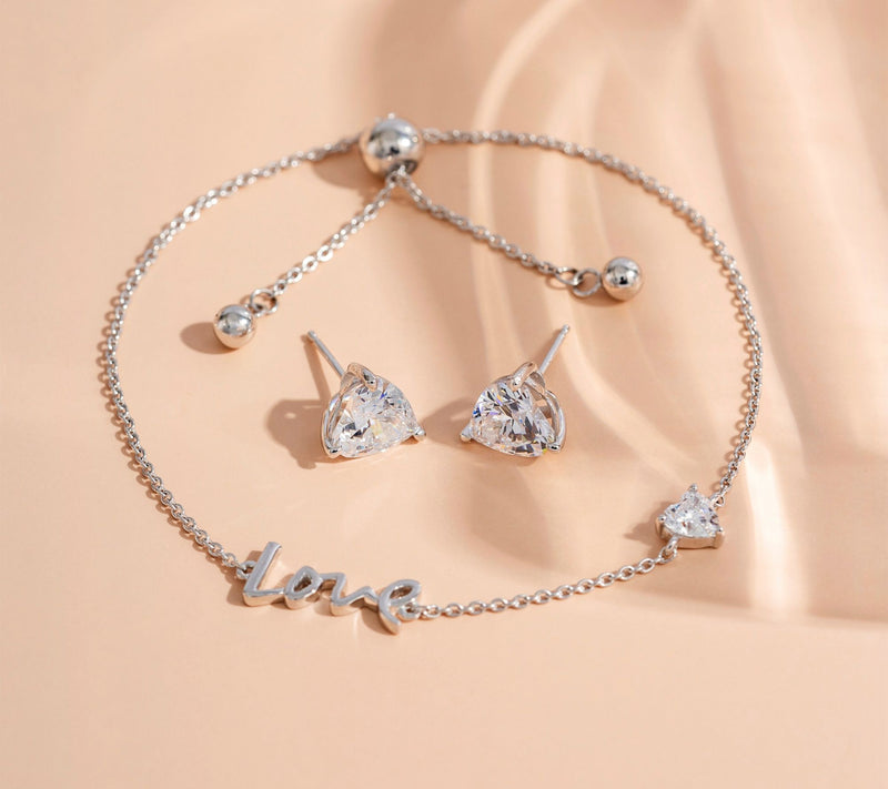 Diamonique Love Bracelet & Stud Earrings Set, Sterling Silver — View 3