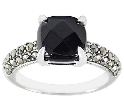 Suspicion Sterling Silver Marcasite & Octagon Onyx Ring