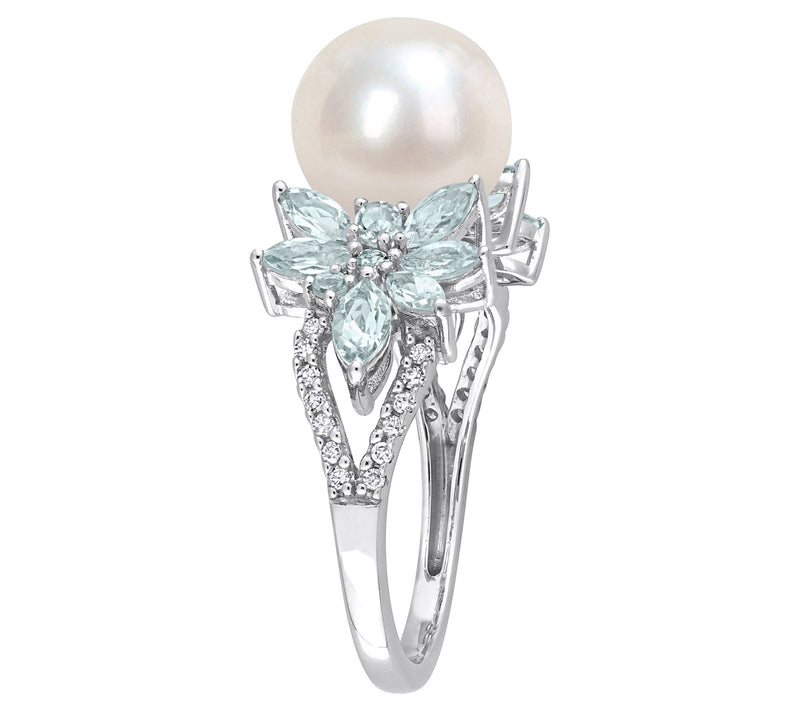 Bellini Cultured Pearl, Aquamarine & Diamond Ri g, 14K Gold — View 4