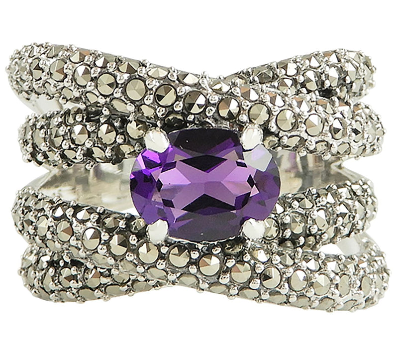 Suspicion Sterling Simulated Amethyst & Marcasite Highway Ring — View 3