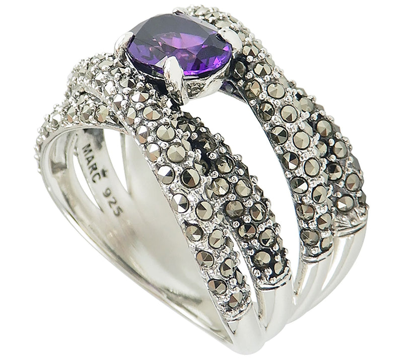 Suspicion Sterling Simulated Amethyst & Marcasite Highway Ring — View 4
