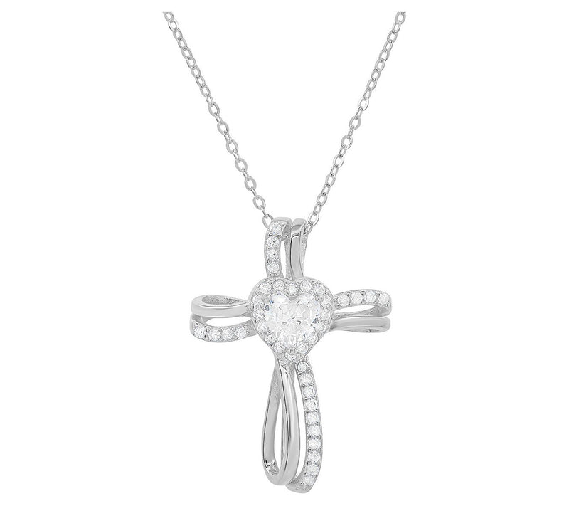 Sterling Silver Heart CZ Cross Pendant — View 6