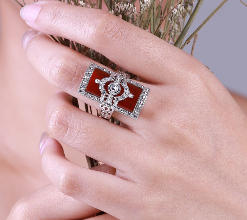 Dallas Prince Sterling Carnelian & Chrome Marcasite Deco Ring — View 6