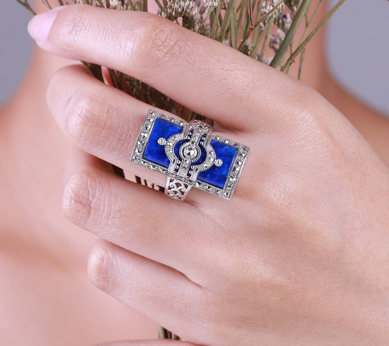 Dallas Prince Sterling Lapis & Chrome Marcasite Deco Ring — View 6