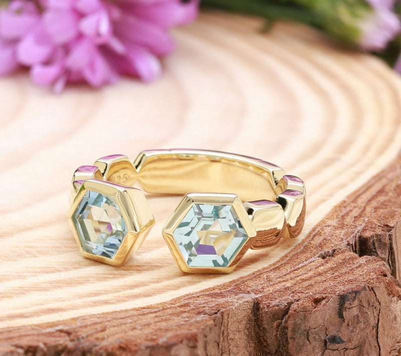 Goddaughters 14K Gold-Clad Blue Topaz Hexagon Ring — View 4