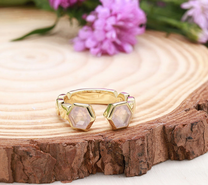 Goddaughters Silver 14K Gold-Clad Rose Quartz Hexagon Ring — View 4