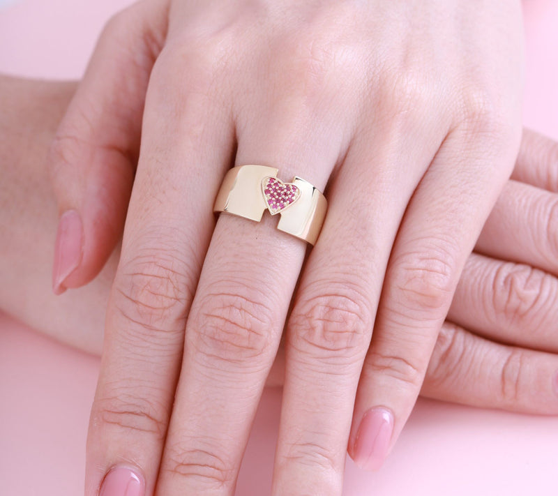 Ariva Sterling Silver Ruby Pave Heart Wide BandRing — View 9