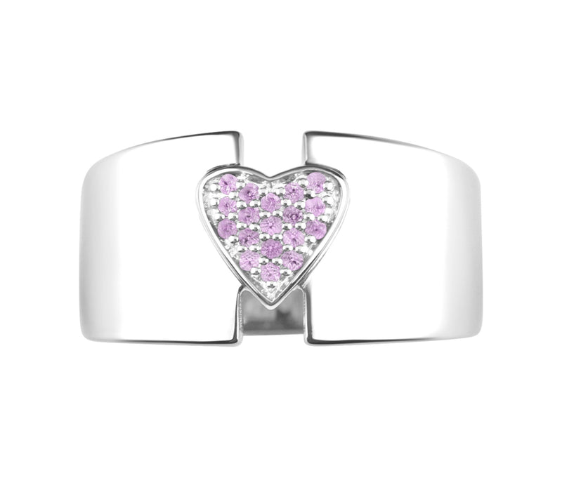 Ariva Sterling Silver Pink Sap phire Pave Hear t Wide Band Rin — View 2