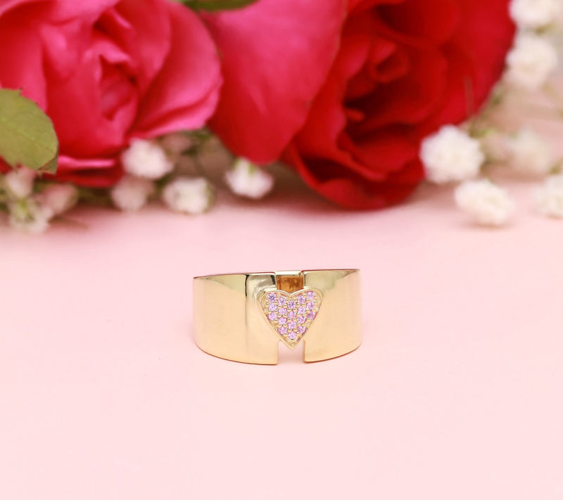 Ariva Sterling Silver Pink Sap phire Pave Hear t Wide Band Rin — View 6