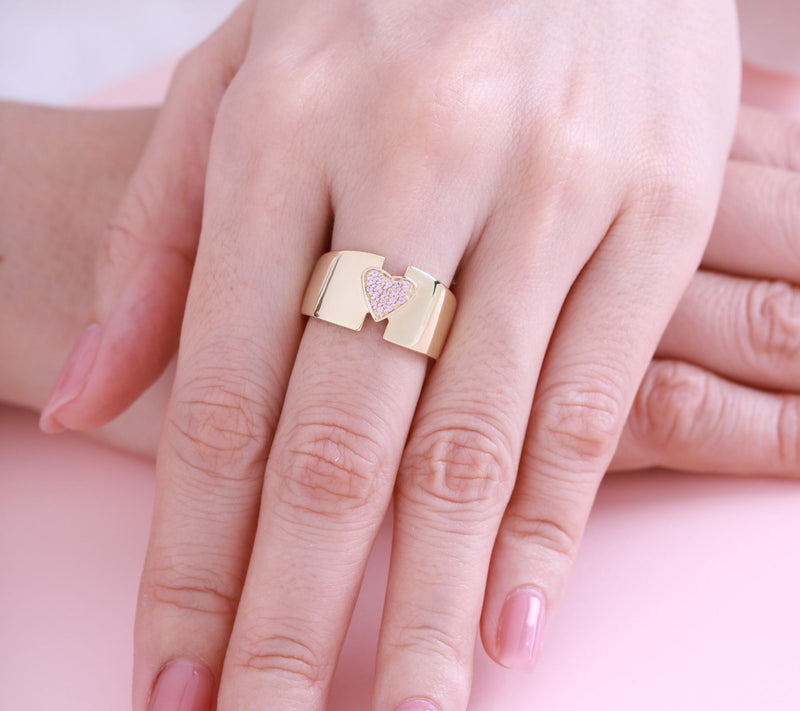 Ariva Sterling Silver Pink Sap phire Pave Hear t Wide Band Rin — View 7