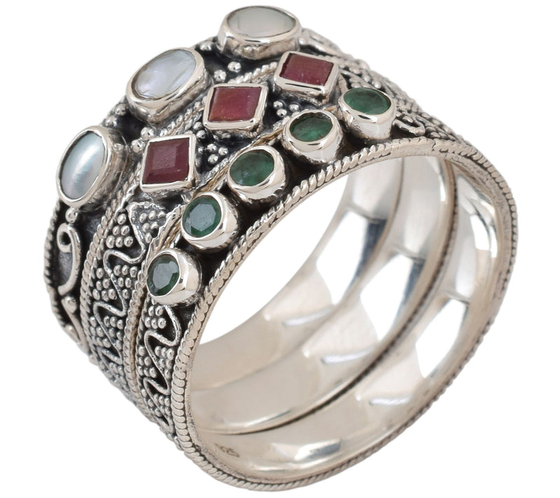 Artisan Crafted Sterling Cultured Pearl & Gemstone Ring Set — View 3