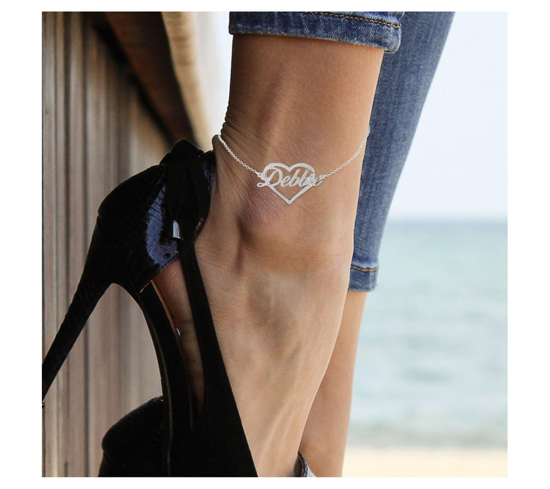 Sterling Silver Name in Silhouette Heart Ankle Bracelet — View 4