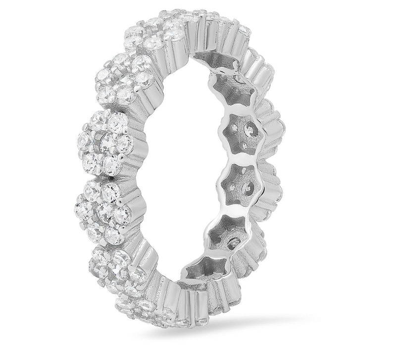 Sterling Silver Pave Flower Eternity Band Ring — View 2