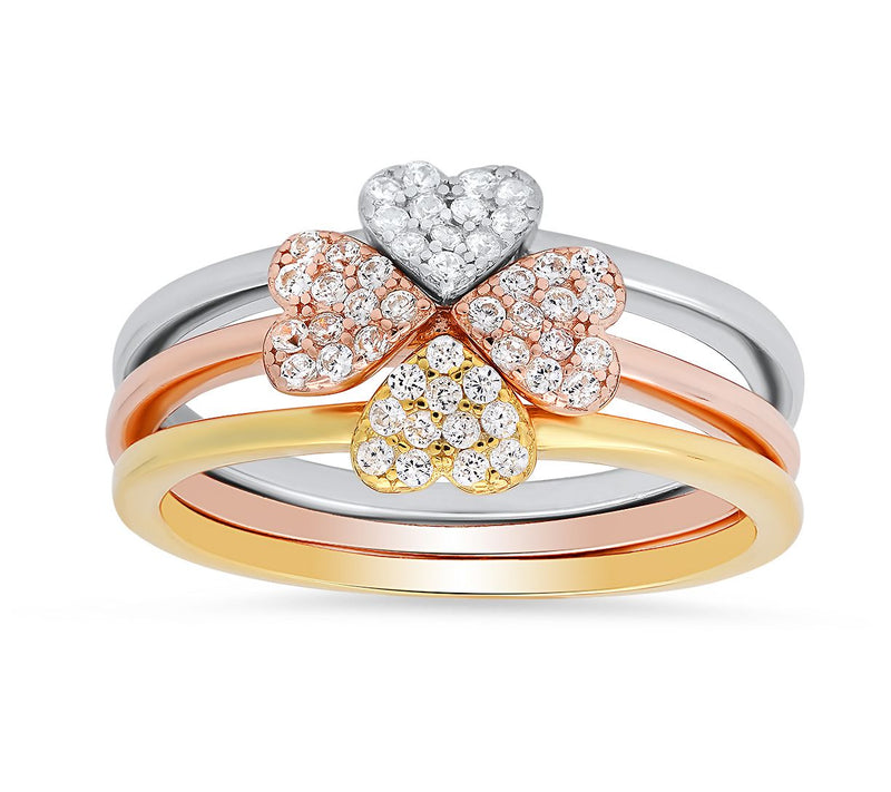 Sterling Silver Tri-Color Pave Heart Stackable ing Set — View 3