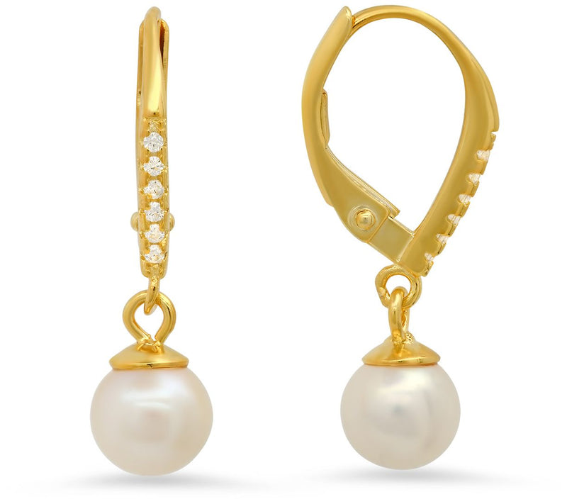 Sterling Silver Cultured Pearl Pave Leverback Earrings — View 5