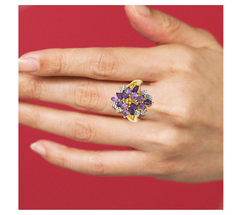 Affinity Gems Amethyst & Diamond Cluster Ring, 18K Gold Plated — View 4