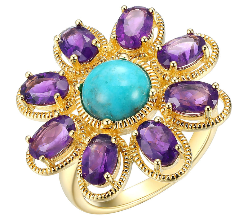 Affinity Gems Turquoise & Amethyst Flower Ring, 18K Plated — Main view