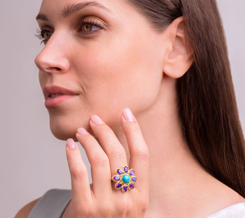 Affinity Gems Turquoise & Amethyst Flower Ring, 18K Plated — View 4