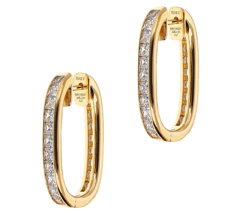 Diamonique x Bronzo Italia 1" Oval Hoop Earrings, 18K Plated — View 6